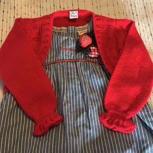 Girls red blue and white dress with red knitted cardigan size 3